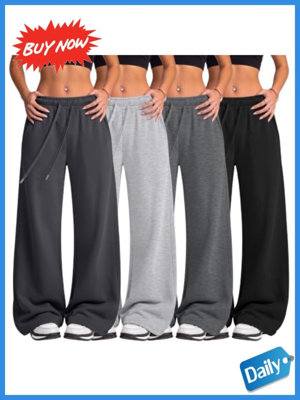 4 Pack Women's Wide Leg Baggy Sweatpants Cotton Blend Drawstring Pockets